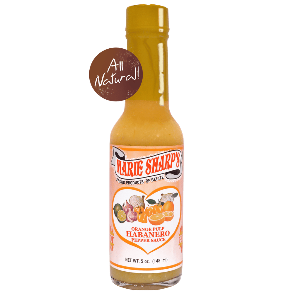 Orange Habanero, Schärfegrad drei von zwölf, gelbe Sauce mit Fruchtfleisch von Orangen, in 148 ml erhältlich