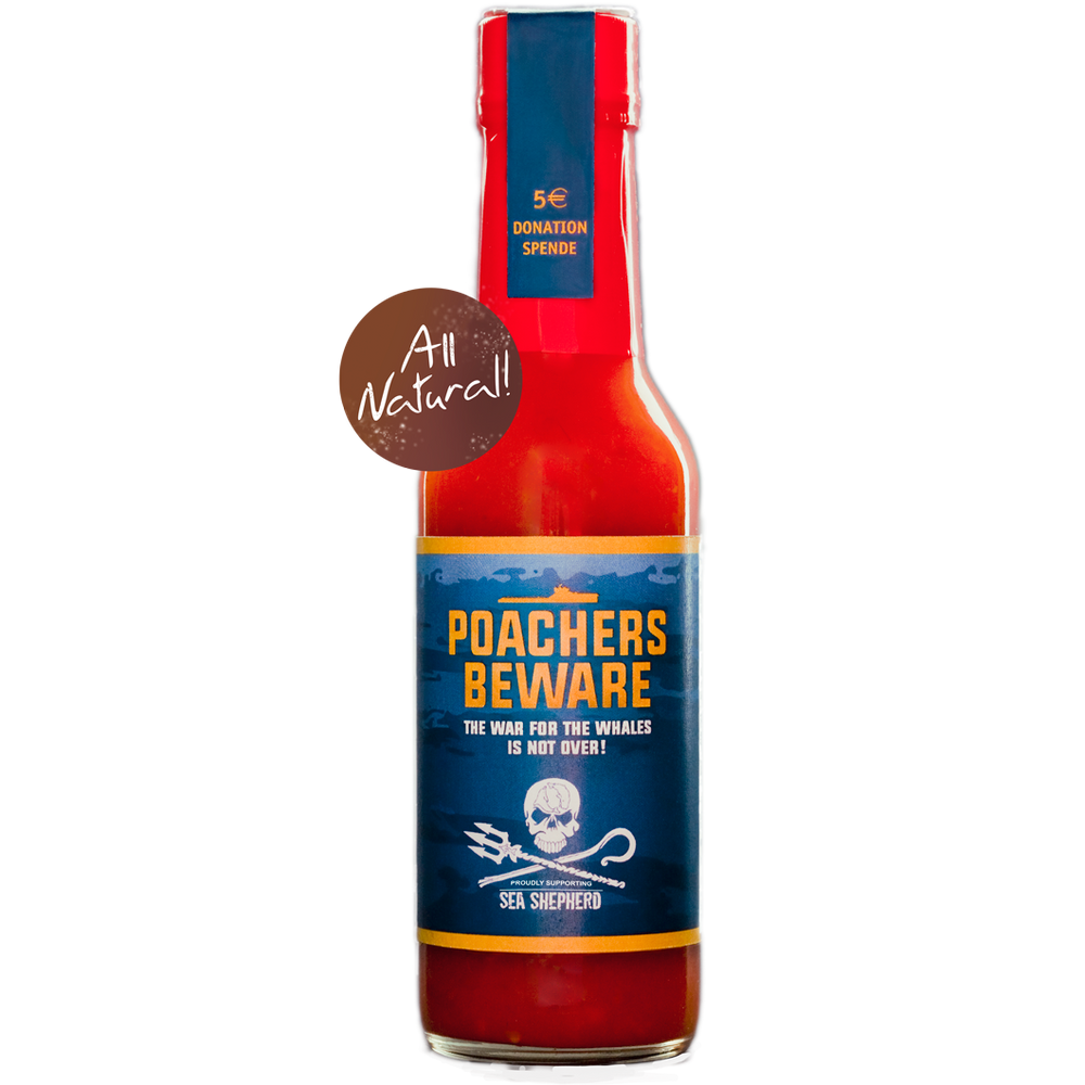 Poachers Beware, Schärfegrad sieben von zwölf, Sea Shepherd Supporter Edition unserer extrascharfen Beware, rote Habanero Sauce, in 148 ml erhältlich